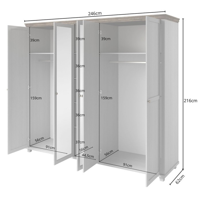 Armoire 250x220 avec 5 portes. Coloris blanc et chêne. Collection ASSIA