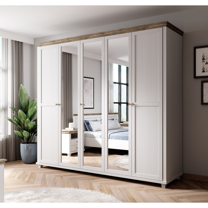 Armoire 250x220 avec 5 portes. Coloris blanc et chêne. Collection ASSIA