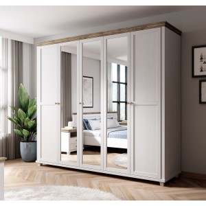 Armoire 250x220 avec 5 portes. Coloris blanc et chêne. Collection ASSIA