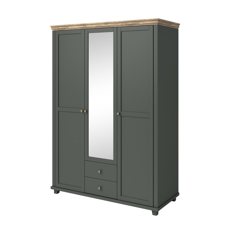 Armoire 150x220 avec 3 portes et 2 tiroirs. Coloris vert kaki et chêne. Collection ASSIA