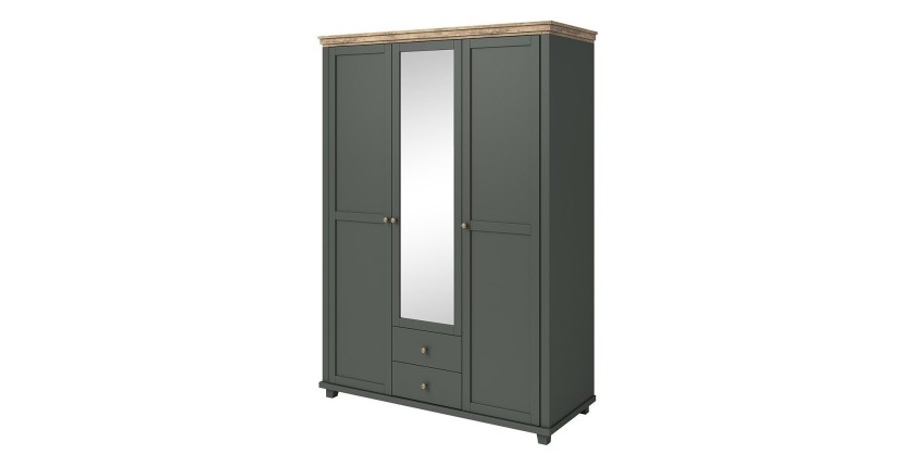 Armoire 150x220 avec 3 portes et 2 tiroirs. Coloris vert kaki et chêne. Collection ASSIA