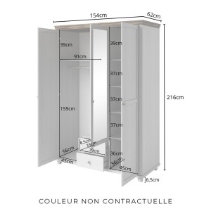 Armoire 150x220 avec 3 portes et 2 tiroirs. Coloris vert kaki et chêne. Collection ASSIA