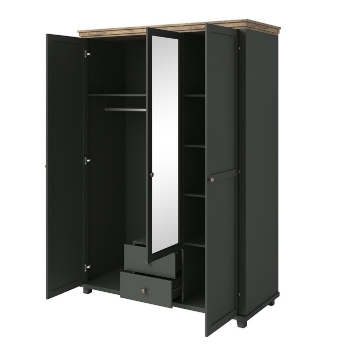 Armoire 150x220 avec 3 portes et 2 tiroirs. Coloris vert kaki et chêne. Collection ASSIA