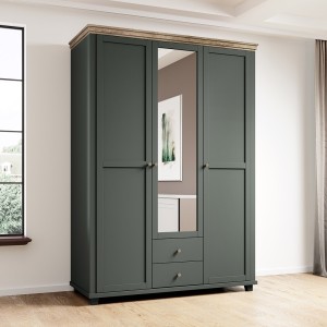 Armoire 150x220 avec 3 portes et 2 tiroirs. Coloris vert kaki et chêne. Collection ASSIA