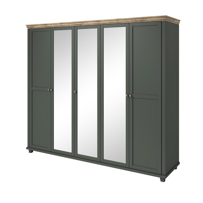 Armoire 250x220 avec 5 portes. Coloris vert kaki et chêne. Collection ASSIA