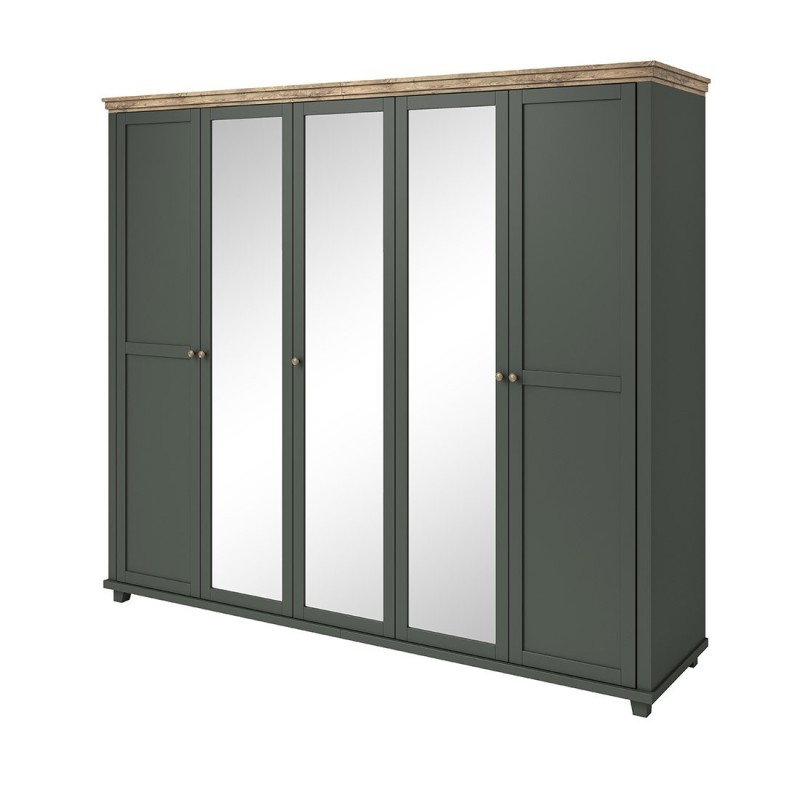 Armoire 250x220 avec 5 portes. Coloris vert kaki et chêne. Collection ASSIA