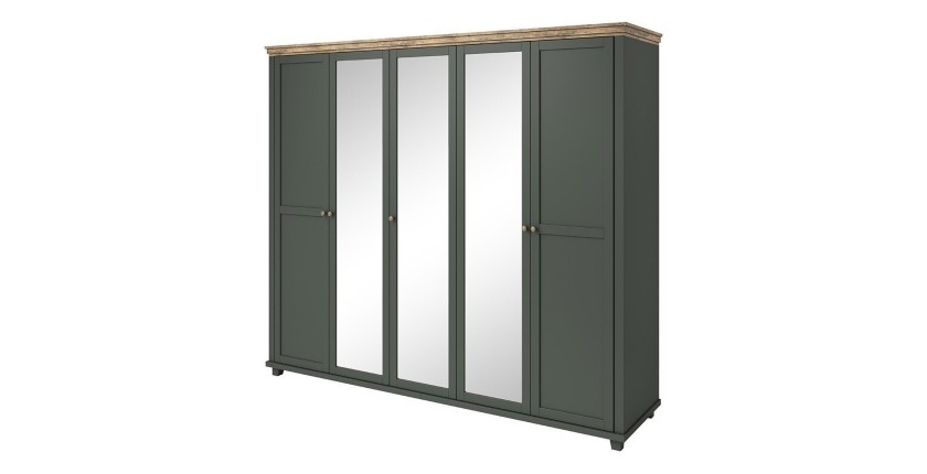 Armoire 250x220 avec 5 portes. Coloris vert kaki et chêne. Collection ASSIA