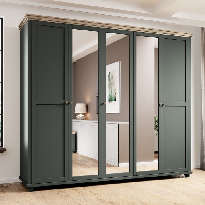 Armoire 250x220 avec 5 portes. Coloris vert kaki et chêne. Collection ASSIA