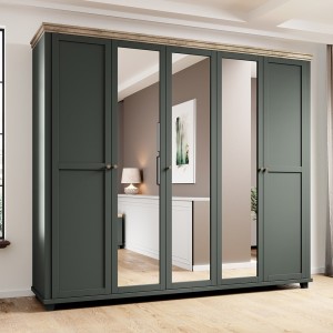 Armoire 250x220 avec 5 portes. Coloris vert kaki et chêne. Collection ASSIA