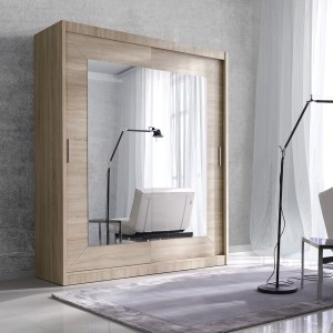 Armoire 200cm avec miroirs et portes coulissantes. Collection ROMEO. Effet chêne