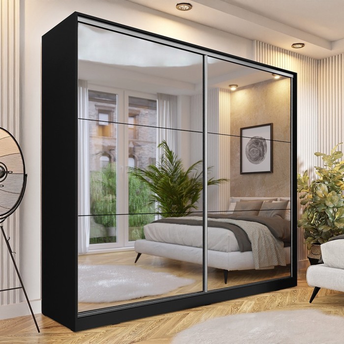 Armoire noire 200cm avec miroirs, portes coulissantes. Collection CALABRE.