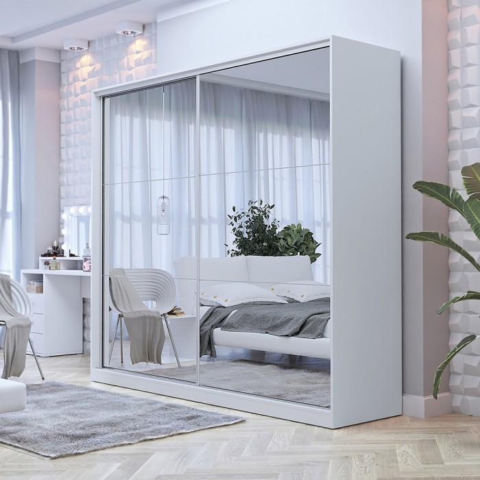 Armoire blanche 200cm avec miroirs, portes coulissantes. Collection CALABRE.