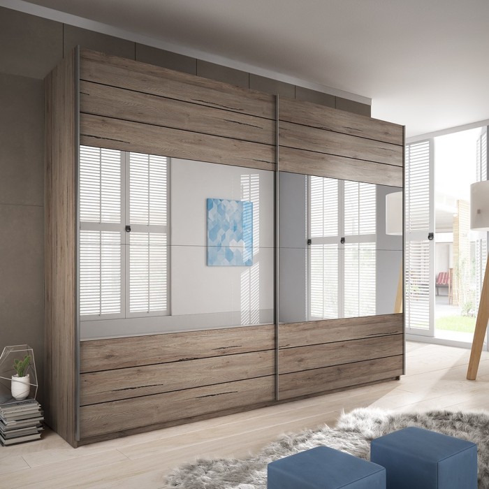 Armoire 220cm. 2 portes coulissantes avec miroirs couleur chêne. Collection FLOYD