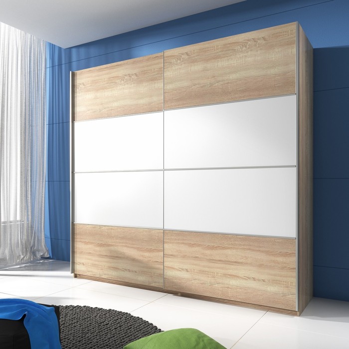 Armoire design 2 portes avec miroirs 220cm couleur chêne clair. Collection EOS