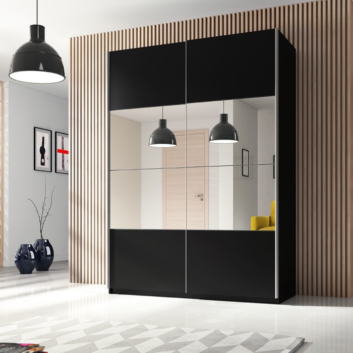 Armoire design 150cm. 2 portes avec miroirs modulables. Couleur noir mat. Collection EOS