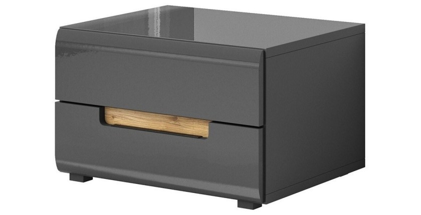 Table de chevet deux tiroirs, collection LUCIA. Coloris gris et chêne.