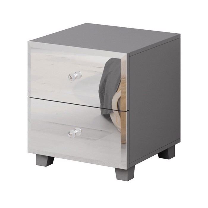 Table de chevet deux tiroirs corps gris et façades recouverte de miroirs collection LUXOR.