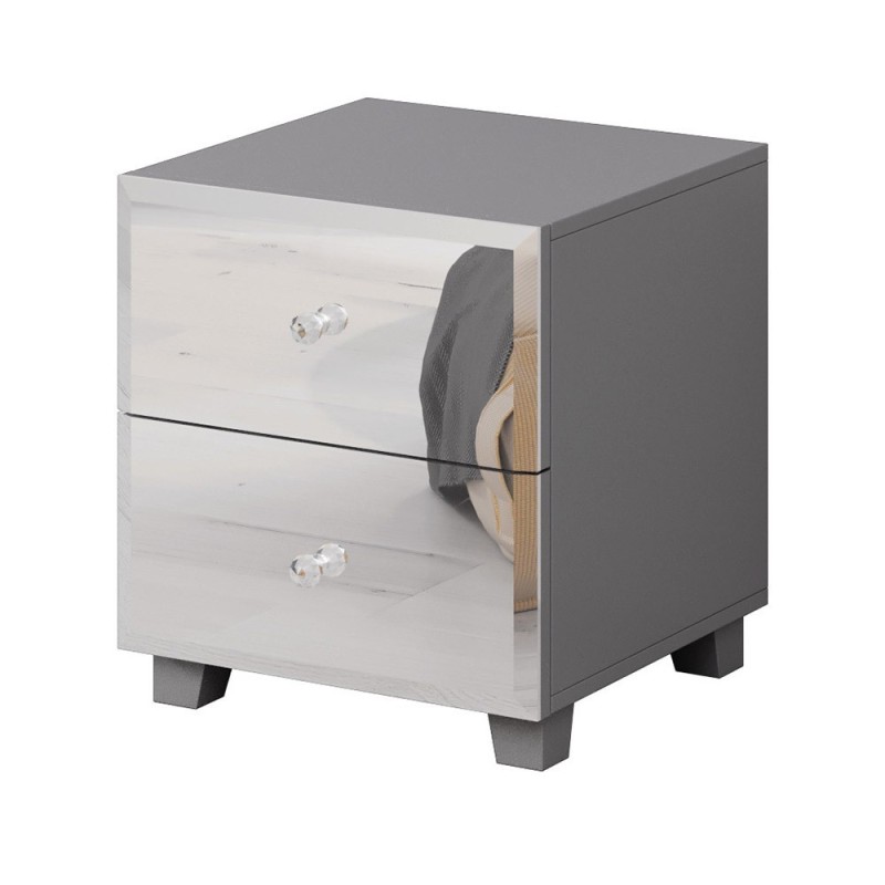 Table de chevet deux tiroirs corps gris et façades recouverte de miroirs collection LUXOR.