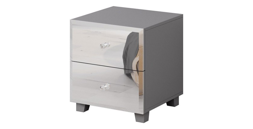 Table de chevet deux tiroirs corps gris et façades recouverte de miroirs collection LUXOR.