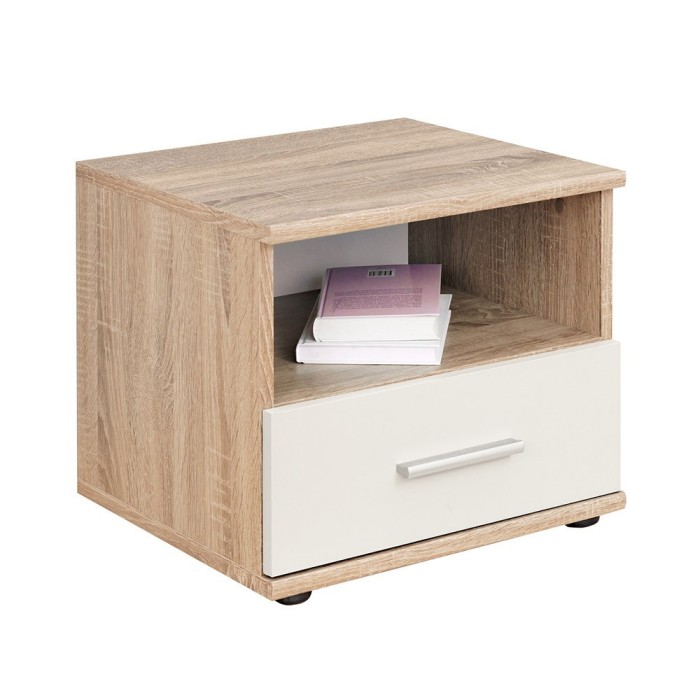 Table de chevet avec tiroir et niche, collection DENVER. Coloris chêne clair et blanc.