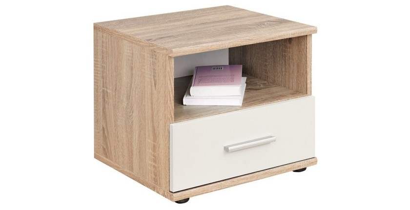 Table de chevet avec tiroir et niche, collection DENVER. Coloris chêne clair et blanc.