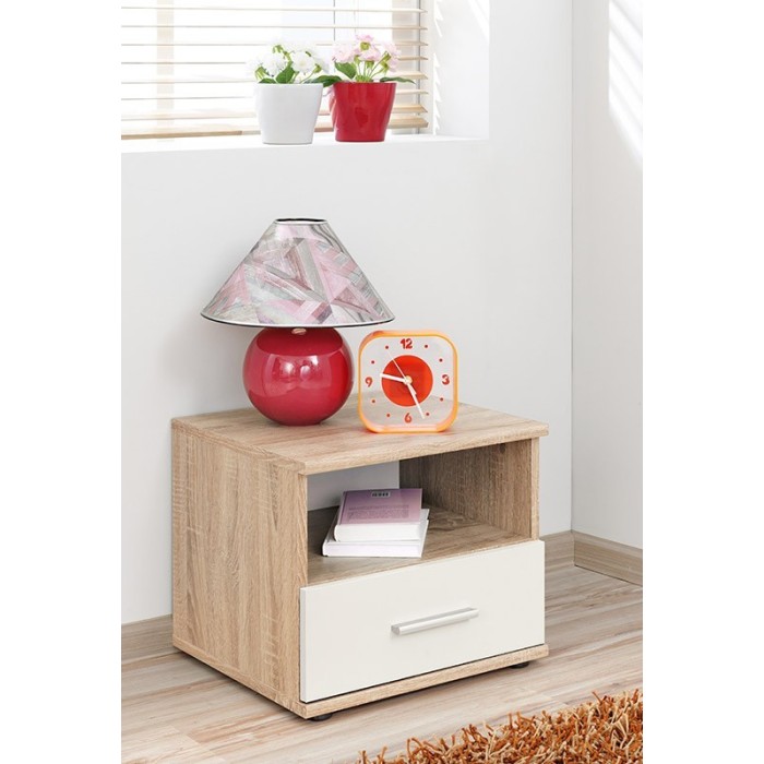 Table de chevet avec tiroir et niche, collection DENVER. Coloris chêne clair et blanc.