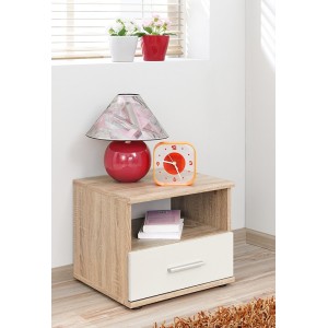 Table de chevet avec tiroir et niche, collection DENVER. Coloris chêne clair et blanc.