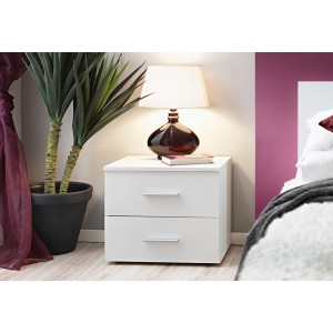 Table de chevet deux tiroirs, collection BALOS. Coloris blanc mat.