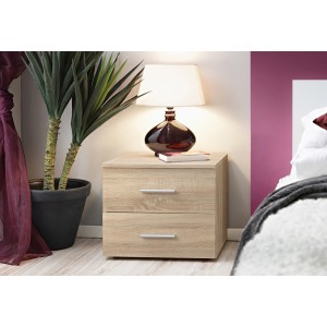 Table de chevet deux tiroirs, collection BALOS. Coloris chêne.