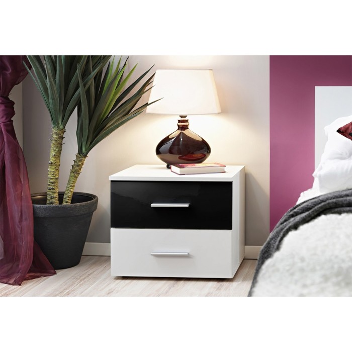 Table de chevet deux tiroirs, collection BALOS. Coloris blanc et noir.