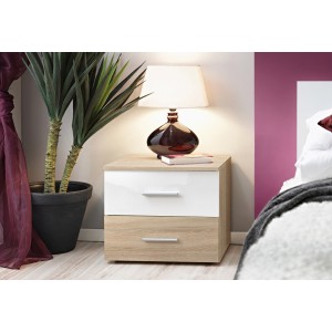 Table de chevet deux tiroirs, collection BALOS. Coloris chêne et blanc.