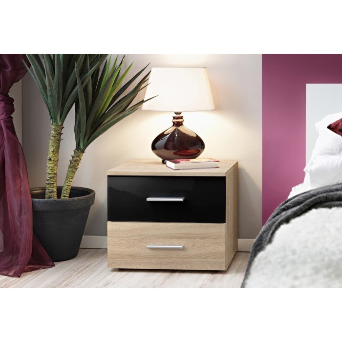 Table de chevet deux tiroirs, collection BALOS. Coloris chêne et noir.