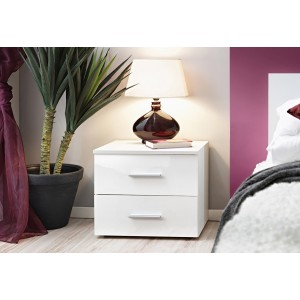 Table de chevet deux tiroirs, collection BALOS. Coloris blanc brillant.