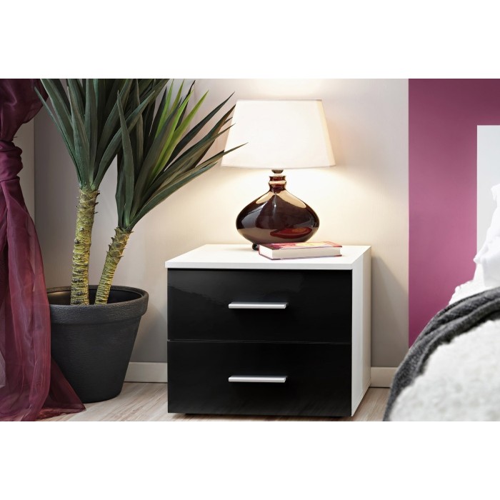 Table de chevet deux tiroirs, collection BALOS. Coloris blanc mat et noir brillant.