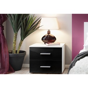 Table de chevet deux tiroirs, collection BALOS. Coloris blanc mat et noir brillant.