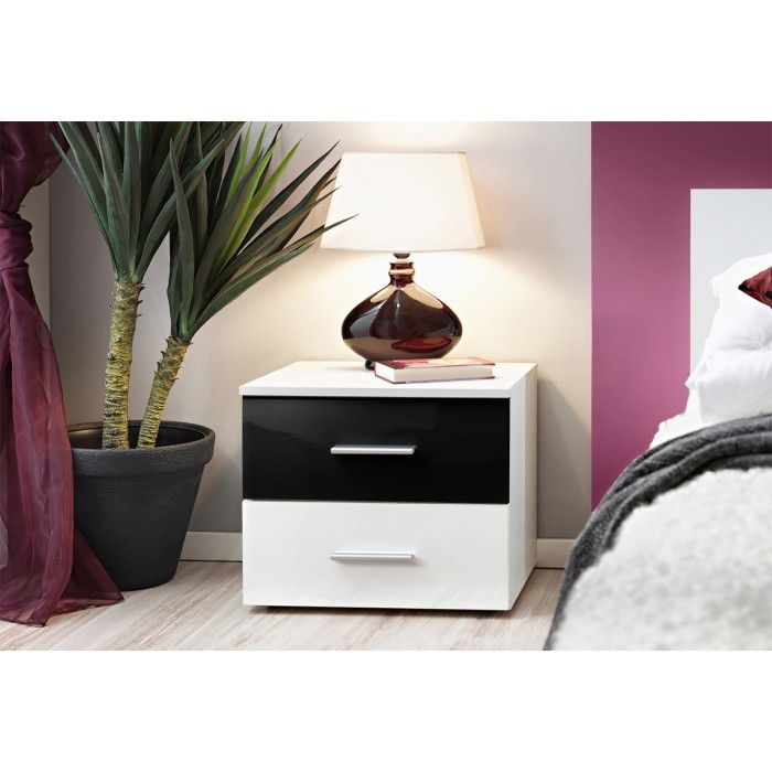 Table de chevet deux tiroirs, collection BALOS. Coloris blanc brillant et noir brillant.