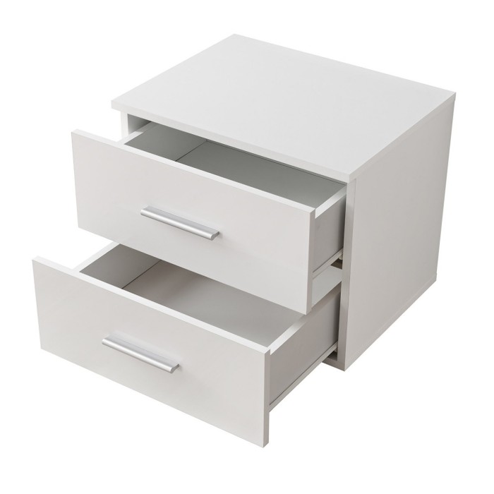 Table de chevet deux tiroirs, collection BALOS. Coloris blanc brillant et noir brillant.