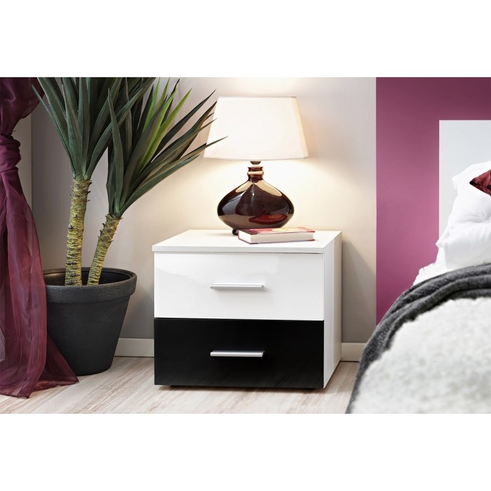 Table de chevet deux tiroirs, collection BALOS. Coloris blanc brillant et noir brillant.