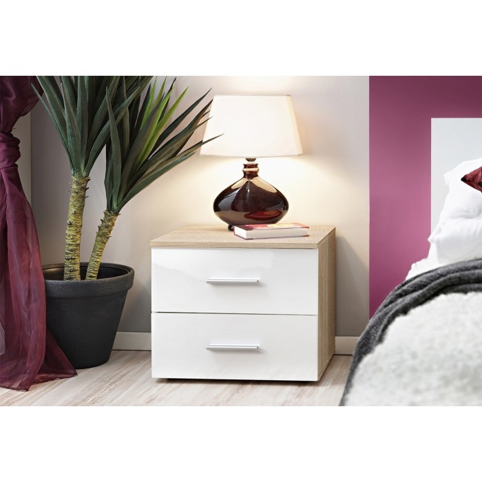 Table de chevet deux tiroirs, collection BALOS. Coloris chêne et blanc brillant.