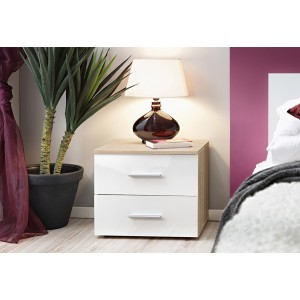Table de chevet deux tiroirs, collection BALOS. Coloris chêne et blanc brillant.