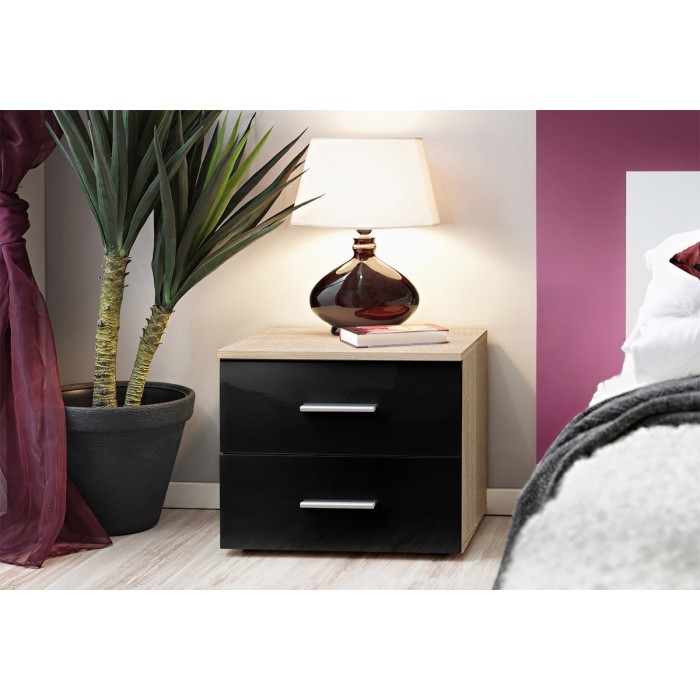 Table de chevet deux tiroirs, collection BALOS. Coloris chêne et noir brillant.