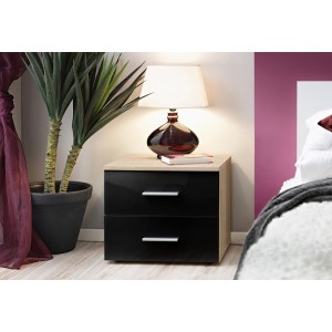Table de chevet deux tiroirs, collection BALOS. Coloris chêne et noir brillant.