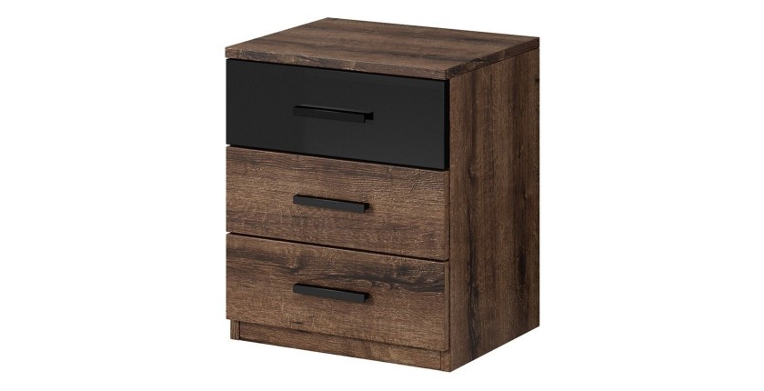 Table de chevet trois tiroirs, collection FLOYD. Coloris chêne foncé et noir brillant.