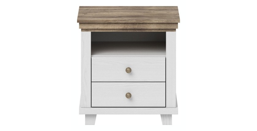 Table de chevet deux tiroirs et une niche, Coloris blanc et chêne. Collection ASSIA
