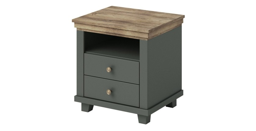 Table de chevet deux tiroirs et une niche, Coloris vert kaki et chêne. Collection ASSIA