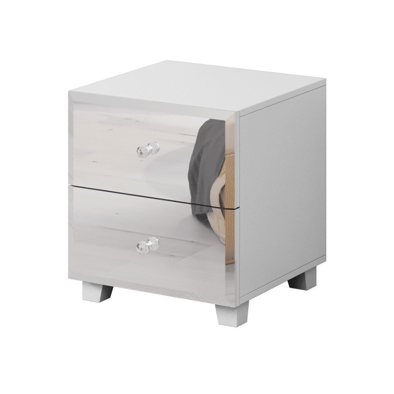 Table de chevet deux tiroirs corps blanc et façades recouverte de miroirs collection LUXOR.