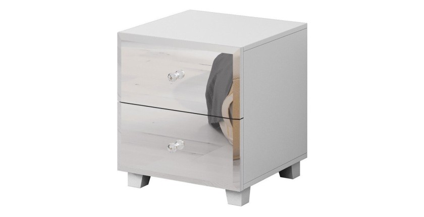 Table de chevet deux tiroirs corps blanc et façades recouverte de miroirs collection LUXOR.