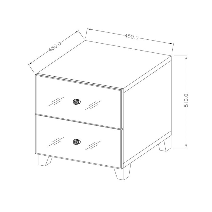 Table de chevet deux tiroirs corps blanc et façades recouverte de miroirs collection LUXOR.
