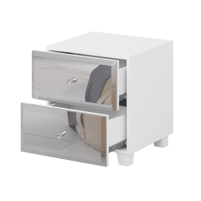 Table de chevet deux tiroirs corps blanc et façades recouverte de miroirs collection LUXOR.