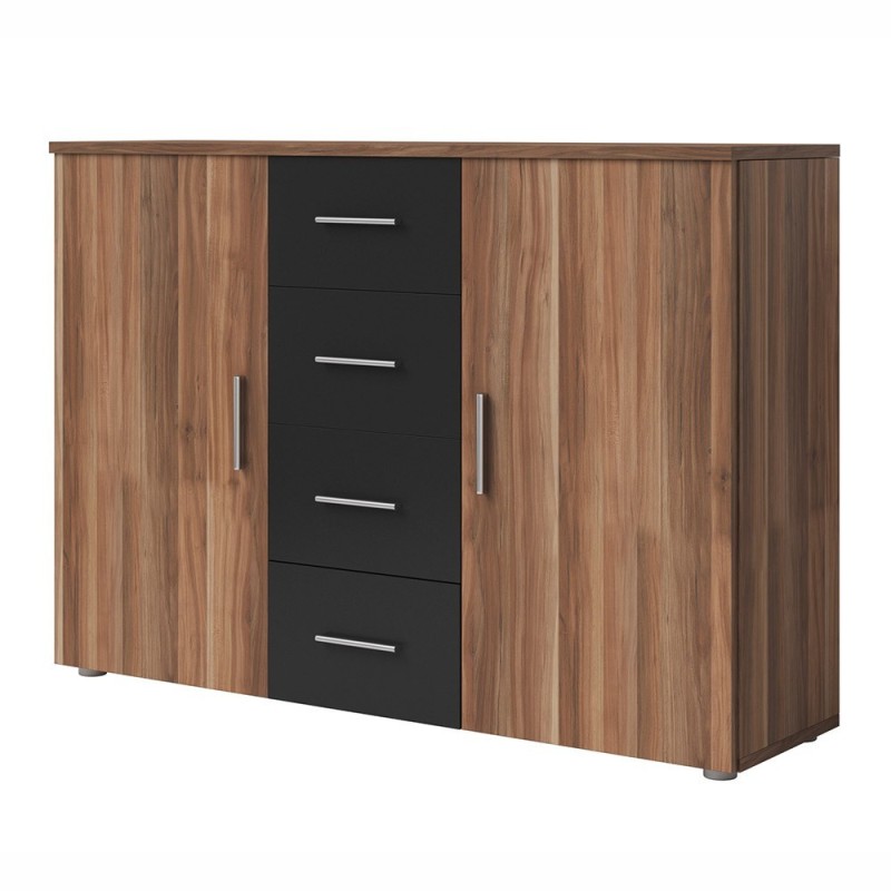 Commode 2 portes et 4 tiroirs 130cm. Collection IRINA couleur red wallnut et noir.